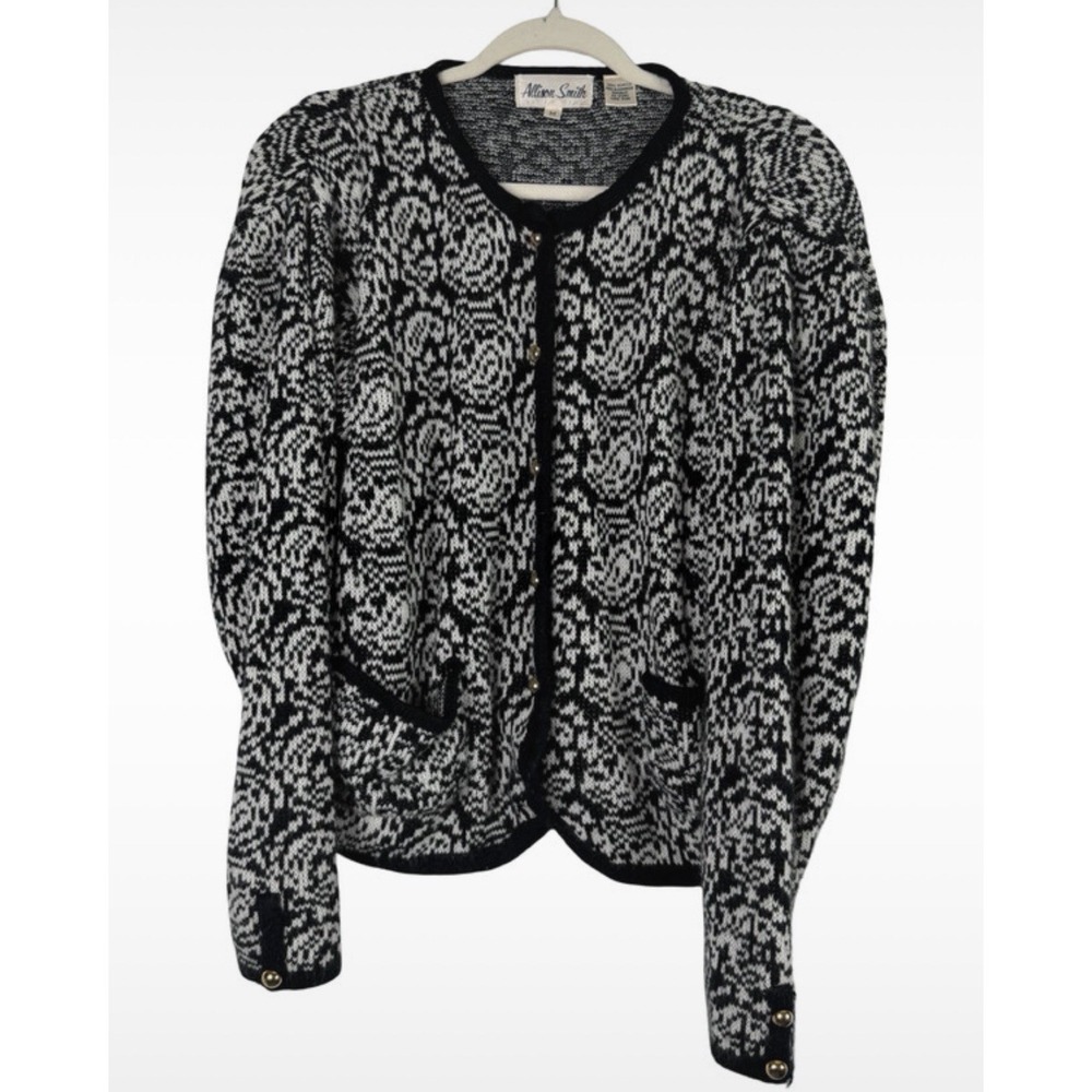 Allison Smith Women's Medium Patterned Button Front Black & White Cardigan VTG